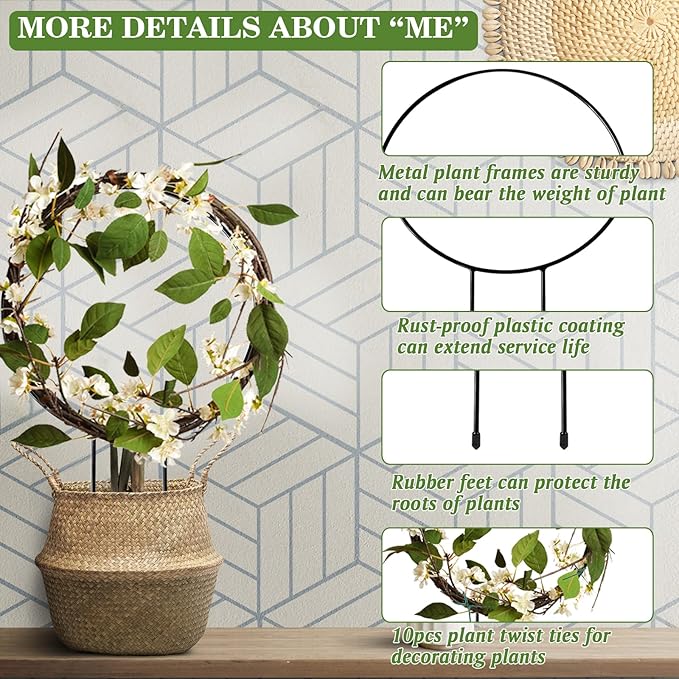 Halatool 4 Pack Black Metal Trellis for Potted Plants, Round Garden Houseplant Hoya Plant Trellis for Climbing Plants Outdoor Garden Trellises with 10 Plant Twist Tie for Vines Potted Plants Flower