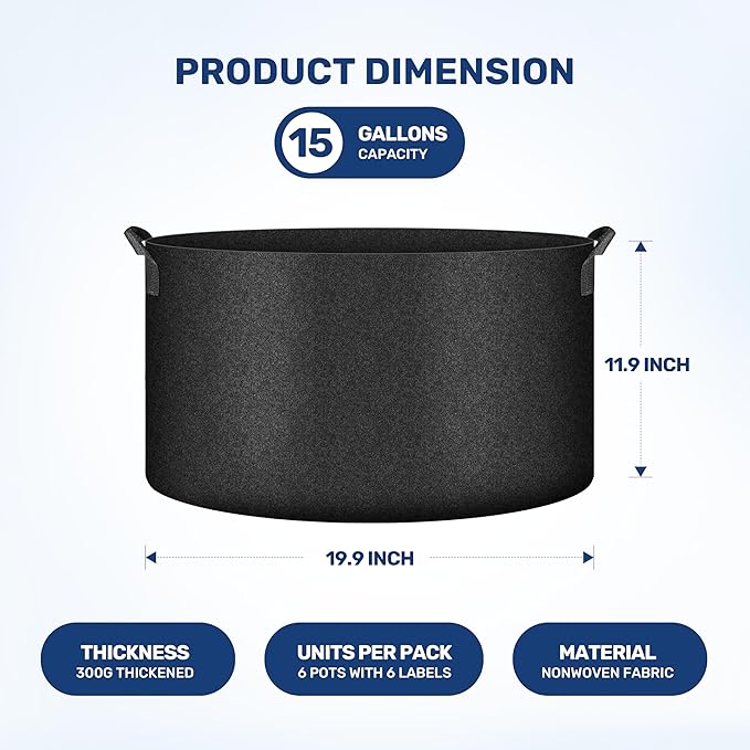 HealSmart 15 Gallon 6 Pack Nonwoven Grow Bags, Aeration Fabric Pots with Handles, Heavy Duty Garden Grow Pots for Tomato Vegetables Flowers, 6 Plant Labels, Black