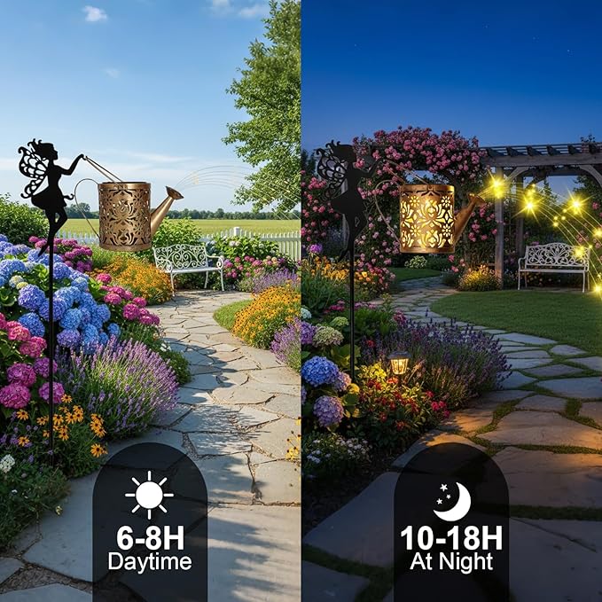 Solar Watering Can with Cascading Lights Outdoor Garden Decor,Waterproof Solar Lantern with Fairy Shepherd Hook,Solar Fairy Lights Outdoor Decoration,Unique Garden Gifts for Women