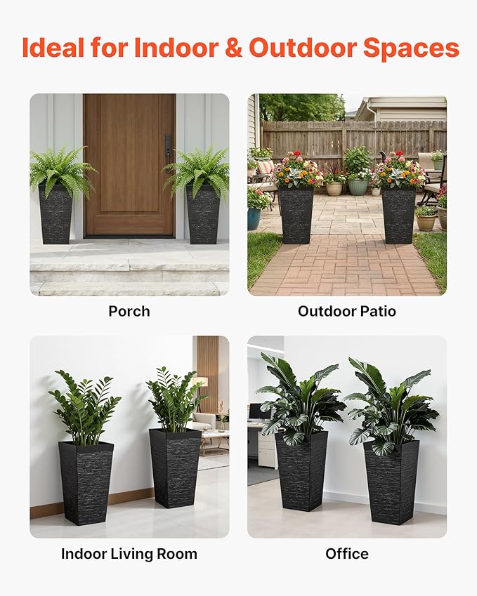 VEVOR Set of 2 Tall Planters for Outdoor Plants 23inch, Black Tall Planter for Indoor Plants, Modern Planters for Front Porch Patio Balcony, Plant Container Flower Pots with Built-in Drainage
