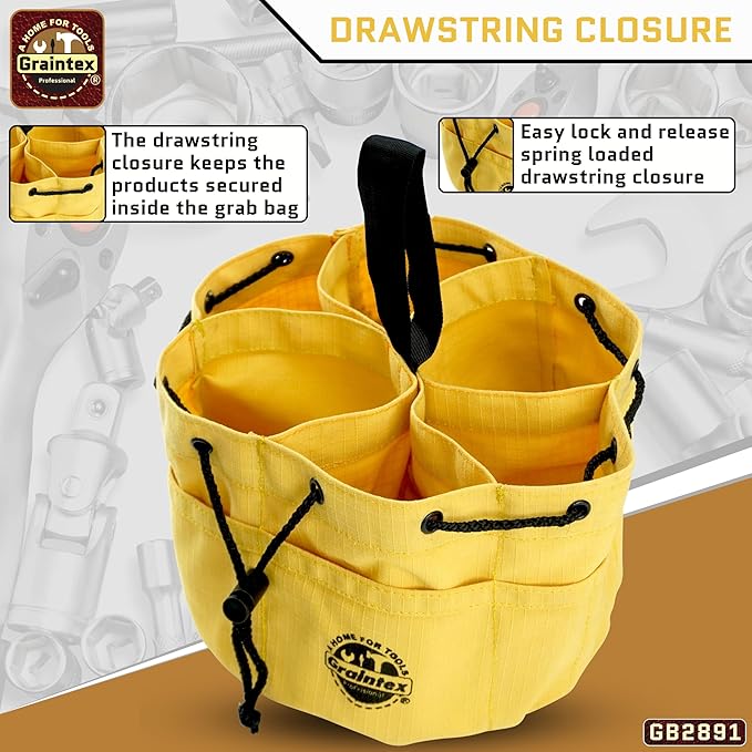 Graintex 18 Pockets Grab Bag Rip-stop Canvas Drawstring Closure, Small Part Organizer Pouch, Small Tools, Screws, Parts, Parachute Tool Bag for Efficient Storage - Yellow