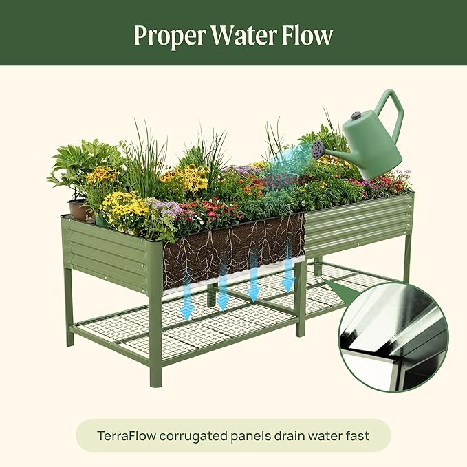Raised Garden Bed, 3' x 8' Elevated Outdoor Planters Boxes with Legs & Storage Rack for Patio, 2000+ Lbs Weight Capacity, Raised Beds for Gardening Herbs Vegetables Flowers, Olive Green