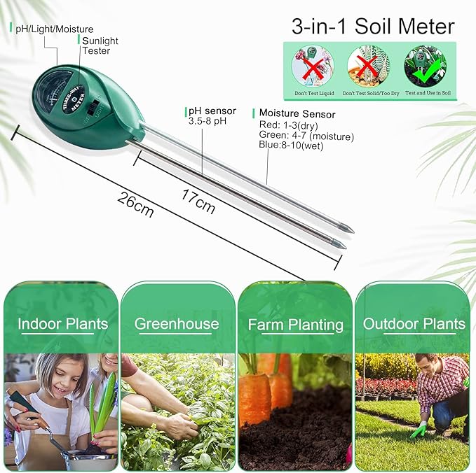 Soil pH Meter, Soil Moisture Meter 3-in-1 Soil Tester with Moisture, Light and PH Test, Soil Test Kit for Home/Garden/Farm/Lawn/Indoor & Outdoor