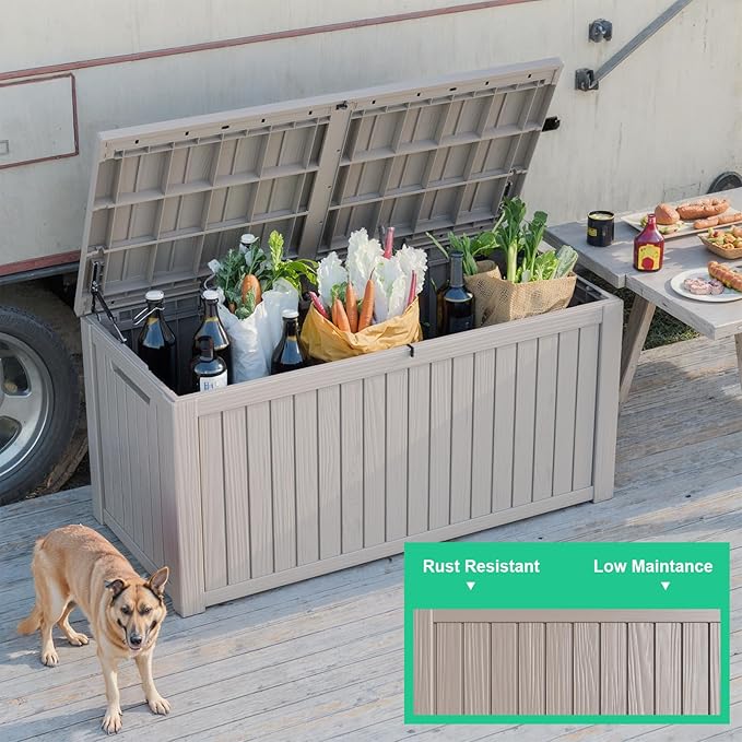 ROJIK 200 Gallon Waterproof Outdoor Deck Storage Box, Lockable Resin Patio Storage Bin with Lid for Garden Tools, Patio Cushions & Outdoor Accessories(Grey)