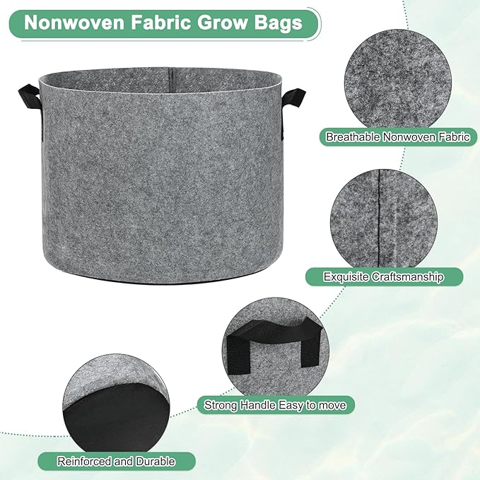 M METERXITY 5-Pack Plant Grow Bags 10 Gallon Grow Bags 300G Thickened Fabric Pots with Durable Handles Plant Garden Grow Pots for Fruits/Vegetables/Flowers/Plants [Grey]