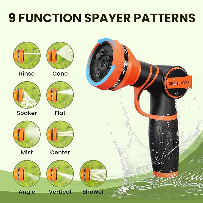 Giraffe Tools Non-Expandable Garden Hose 25FT 1/2” Lightweight Flexible Water Hoses Burst 600 psi with 9 Spray Function Nozzle Heavy Duty Hose