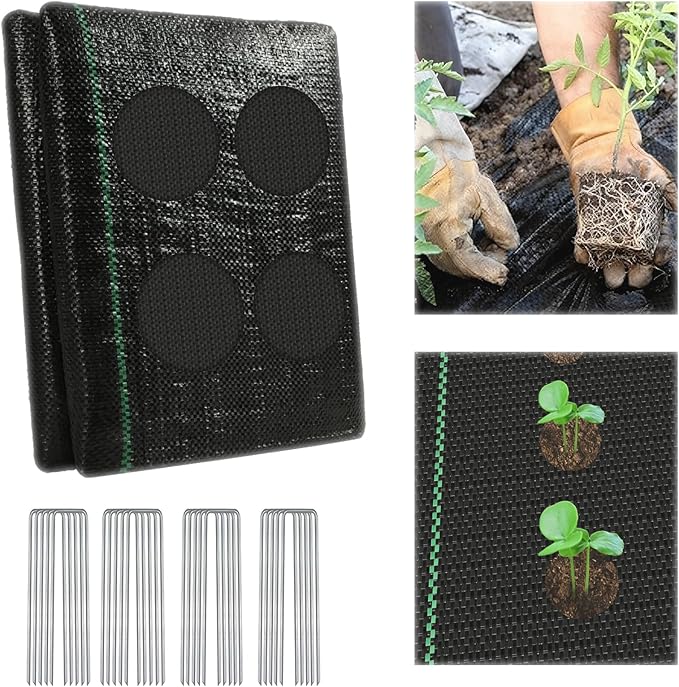 Garden Weed Barrier Landscape Fabric with 132 Planting Holes – 4ft x 33ft Woven Geotextile Fabric,Driveway Fabric,Durable Weed Control Mat with 20 Securing Pegs for Flower Beds, Vegetable Gardens