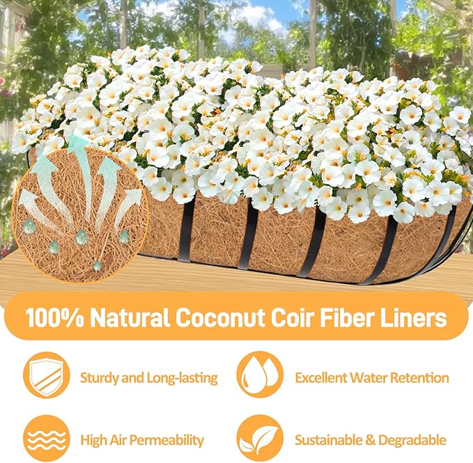 4 Pack 24 Inch Trough Coconut Liners for Planters- Natural Coco Liner Window Box Liners Replacement, Coconut Fiber Planter Liner for Outdoor Flower Planters, Deck Railings, Fence and Balcony