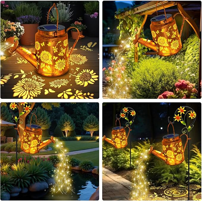 Solar Lights Outdoor Waterproof, Sunflower Solar Watering Can Lights with Shepherd Hook, Birthday Gifts for Mom Grandma Women Mother's Day, Metal Hanging Lantern Garden Decor Yard Outside Patio Lawn