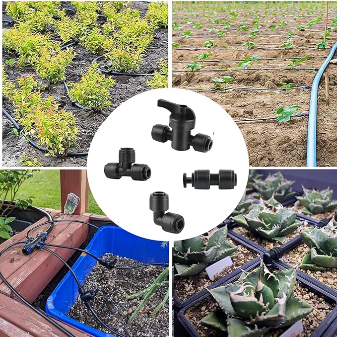 44 Pcs Quick Connect Drip Irrigation Fittings Kit for 1/4" Tubing with 4 Shut Off Valve ，10 Tees, 10 Couplings, 10 Elbows & 10 End Plugs, Anti-Leak Drip Irrigation Parts