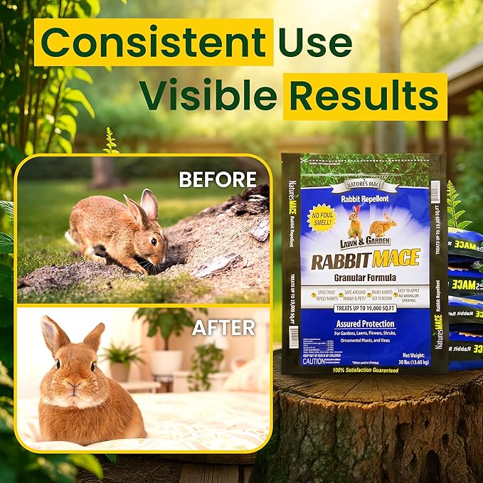 Nature's MACE Rabbit MACE Granules, Rabbit Repellent for Gardens, Lawns, Farms & Landscapes, Treats 95,000 sq ft, Granular Deterrent, 150 Pounds, All-Season Use, Safe for Pets, Children, and Plants