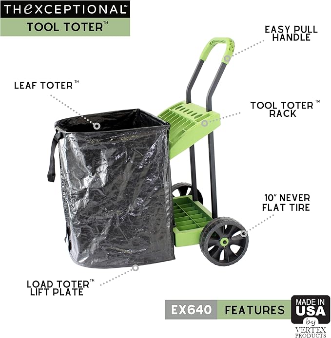 Rolling Tool Toter with Leaf Toter and Load Toter Lift Plate | Lawn Care Cart with Leaf Collection Bag | Mobile Yard Raking Project Organizer Caddy | Made in USA by Vertex | Model EX640