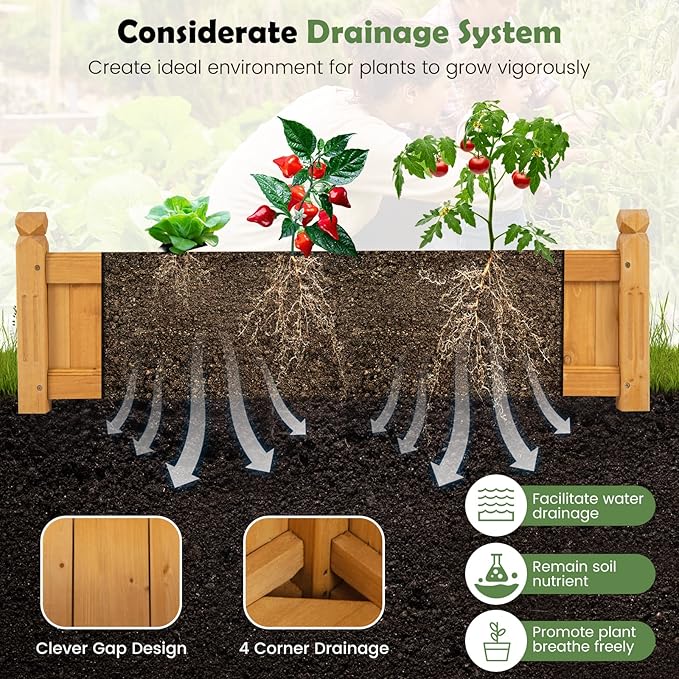 Giantex Raised Garden Bed, Wooden Planter with Drainage Holes, Rectangular Plant Box for Vegetables Flowers Herbs Fruit Growing, Raised Container for Garden Patio Balcony, Easy Assembly