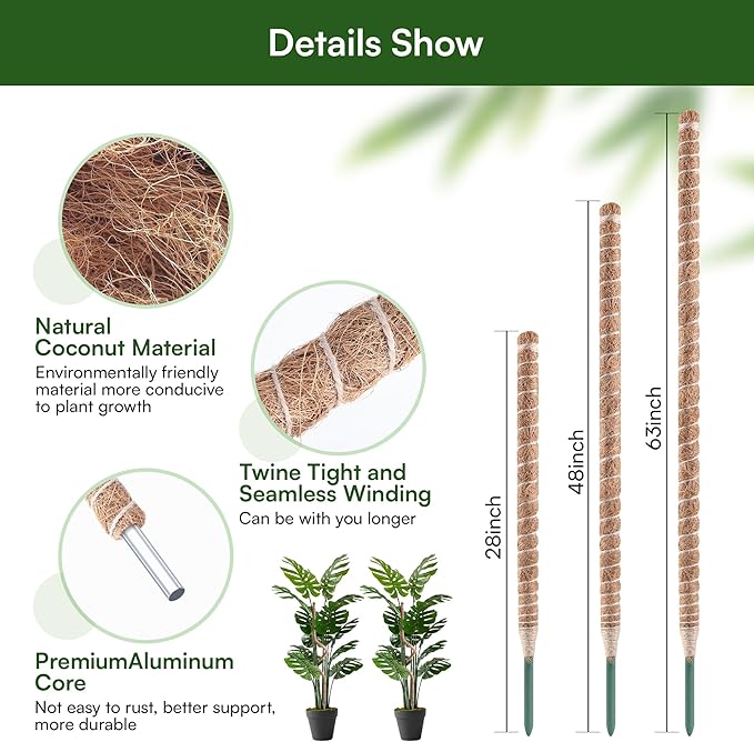 2 Pack 28'' Bendable Moss Pole Monstera Plant Support for Indoor Climbing Plants, Tall Plant Stick Support Stake for Potted Plants, Pothos, Philodendron