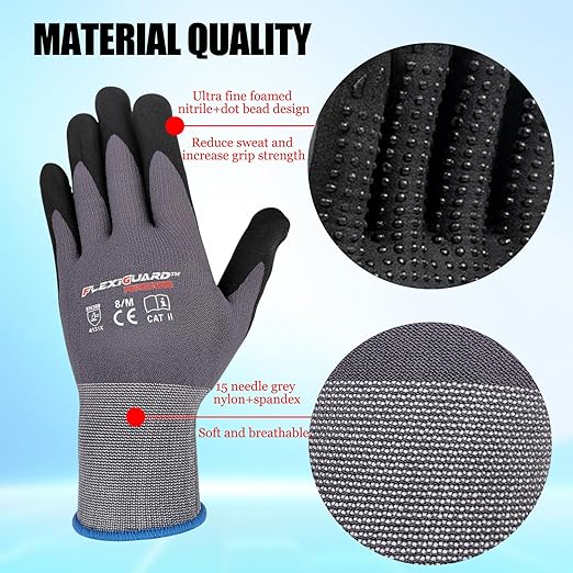 Gasoline Safety Work Gloves Extra Micro-Foam Nitrile Coated-12 Pairs,Endurance Seamless Knit Nylon Spandex,Dots on Palm, Dot Grip Gloves，Work Gloves Men and Women (120, XL)