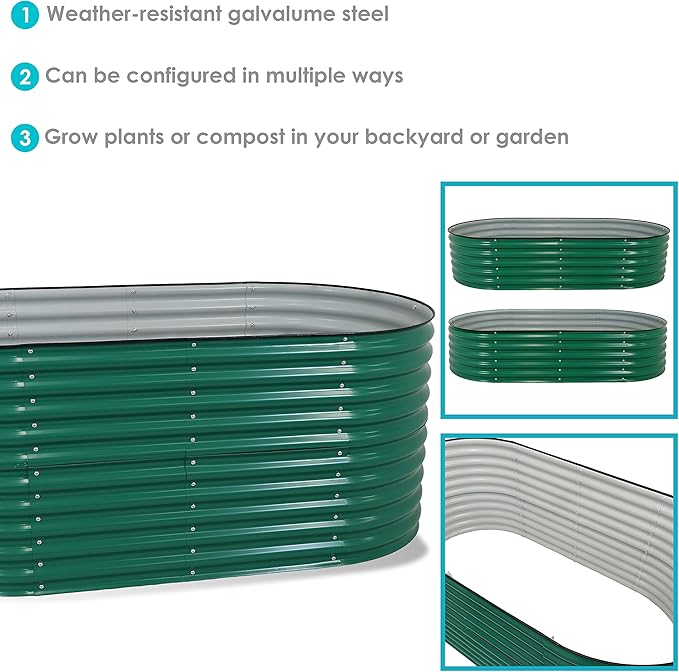 Sunnydaze 79-Inch Oval Raised Garden Bed - Stackable Steel Vegetable Flower Bed Planter Kit with Rubber Edge Trim - Green