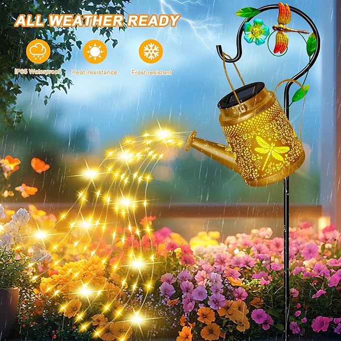 Solar Lanterns Dragonfly Outdoor Garden Decor, Mothers Day Gifts for Women Mom Grandma Birthday, Large Frog Hanging Watering Can with Shepherd Hook, Waterproof Garden Lights for Outdoor Yard