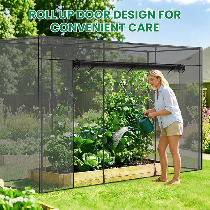 SUNYRISY Garden Plant Netting Crop Cage for Garden Raised Bed, 9.8 x 3.3 x 6 Ft Plant Cover Cage Protectors from Animal for Outdoor Plants with Frame and Zippered Door, Black