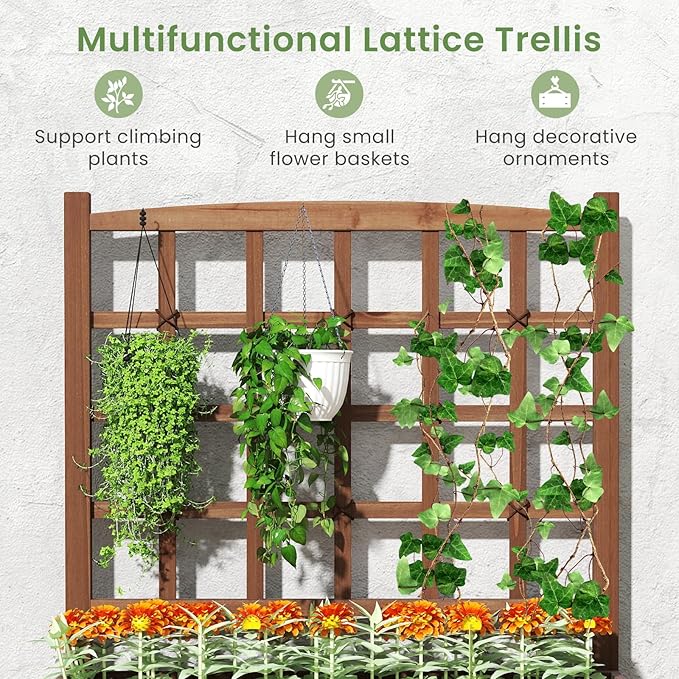 HAPPYGRILL Raised Garden Bed with Trellis, Drainage Holes, 2-Tier Wooden Elevated Planter Box w/Legs for Climbing Plants Vine Flower Herb Vegetable Fruit, Outdoor Garden Box for Patio Balcony
