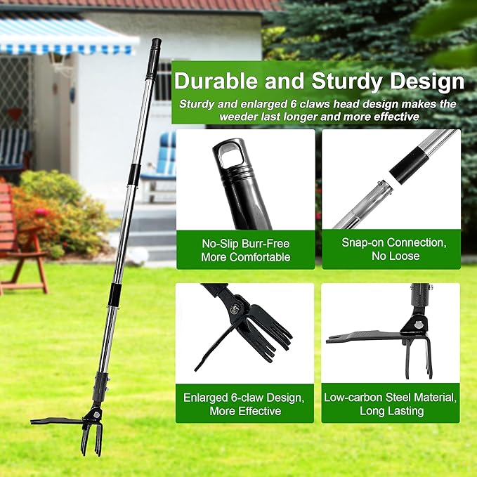 Weed Puller Tool Stand Up Hand Weeder Tool with Adjustable Long Handle, Weed Remover with Steel Head, Remove Weeds Root Easily without Bending, Pulling or Kneeling for Lawn Yard Garden(6 CLAWS)