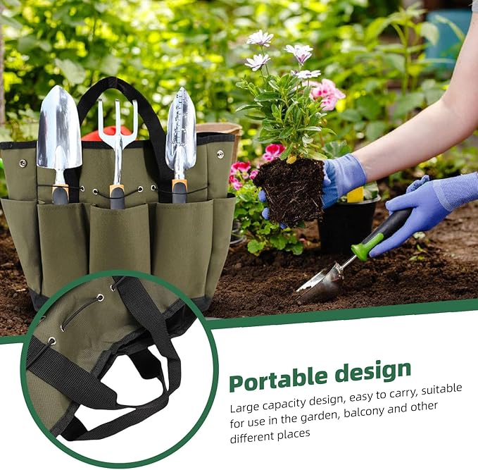 Garden Tool Organizer, Heavy Duty Oxford Cloth with Multiple Pockets Garden Tool Caddy, Storage Bag with Elastic Straps and Rainproof Design for Men and Women (OD Green)