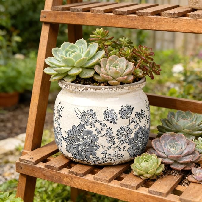 Flower Pots Planters for Indoor Plants Ceramic Plant Pots with Drainage 6.1 Inch Vintage Ceramic Pots for Plants Outdoor Home Garden Decor, Vintage Gray Bloom