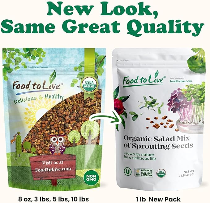 Food to Live Organic Salad Mix of Sprouting Seeds, 10 Pounds — Non-GMO Broccoli, Radish, Clover, Alfalfa. Rich Germination Rate, Non-Irradiated, Kosher, Vegan Superfood, Bulk, Rich in Sulforaphane