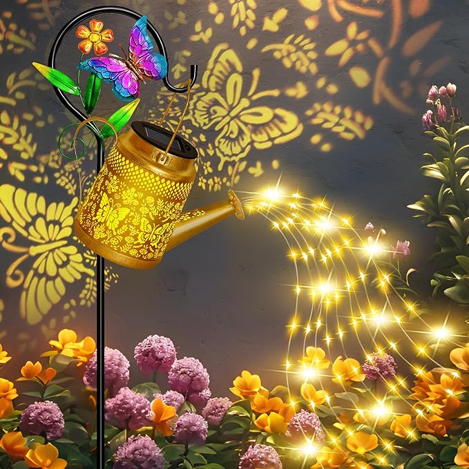 Mothers Day Gifts, Solar Watering Can Lights Outdoor Garden Decor, Large Butterfly Hanging Lantern with Shepherd Hook, Waterproof Garden Lights for Outdoor Landscape Pathway Yard, Mom Grandma Gifts
