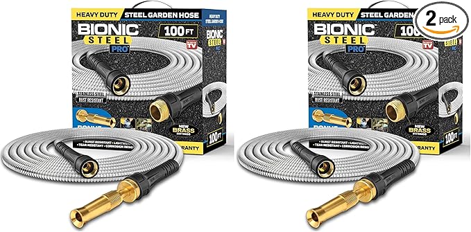 Bionic Steel PRO 100Ft GardenHose with Nozzle,Premium 304 Stainless Steel Metal WaterHose 100Ft Flexible-Hose,Rust Proof,Lightweight,Heavy Duty,Crush Resistant Fitting,500 PSI,2025 Model,(Pack of 2)