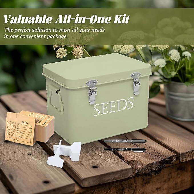 Seed Storage Box, Professional All-in-one Kit with 2 Pens, 20 Plant Labels and 50 Seed Envelopes, Metal Storage Organizer, Saving Box, Seed Packet Container, Green