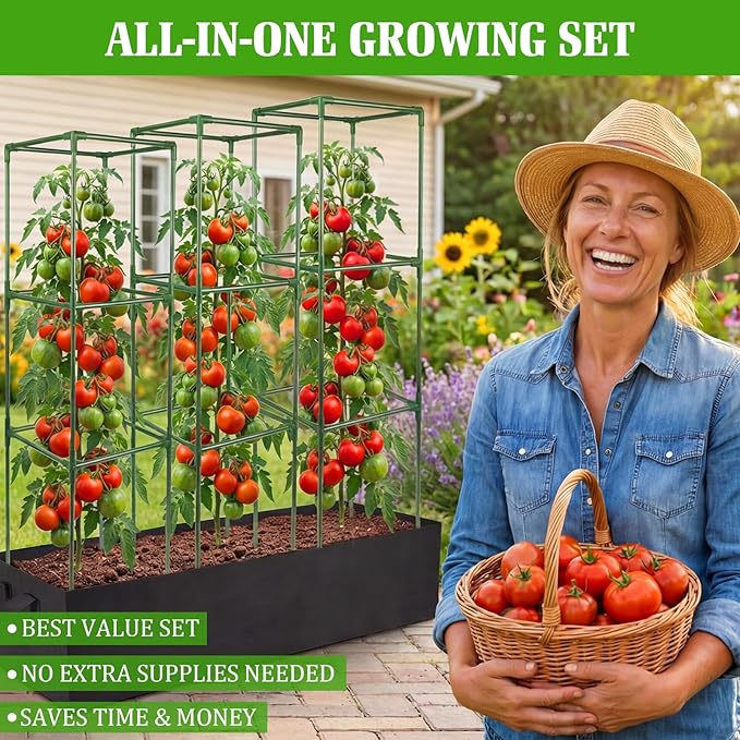 BobbleT Tomato Cages with Fabric Raised Garden Bed - 3 Pack 41" Adjustable Heavy Duty Square Trellis Supports with 86 Gallon Grow Bag, Reusable Outdoor Planter Kit for Tomatoes & Climbing Plants