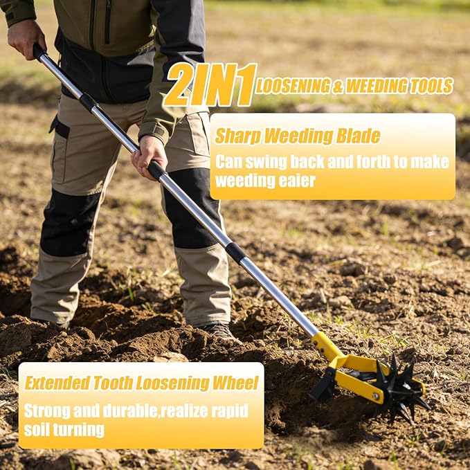 2-in-1 Garden Rotary Cultivator Tool Adjustable Handle Lawn Tools Hand Rotary Tiller for Loosening Soil and Lawn Care, Reseeding Grass, Weeder, Soil Mixing, Manual Yard Tiller
