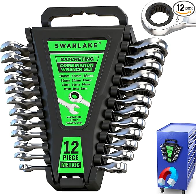 12-Piece Ratchet Wrench Set, Metric 6-18mm Ratchet Combination Wrenches Set, 12-Point 72-Tooth Ratcheting Spanners with Magnetic Base Organizer, Chrome Vanadium Steel for Automotive Mechanic Tool