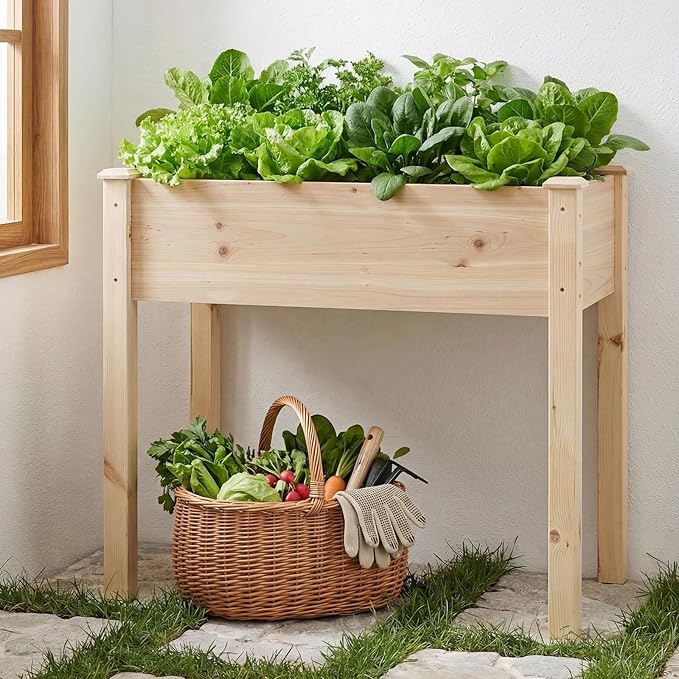 DUMOS Raised Garden Bed with Legs, 48x24x30 Inch Planter Box Outdoor with Liner for Herbs Flowers Vegetables, Elevated Wooden Garden Bed for Patio, Balcony and Backyard, Natural Wood