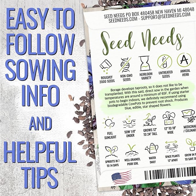Seed Needs Blue Borage Seeds for Planting Herb Seed | 2,000+ Heirloom Seeds Non GMO Untreated | 1.5 Ounce Bulk Pouch Borage Flower Seed | Blue Edible Star Flowers Attracts Pollinators