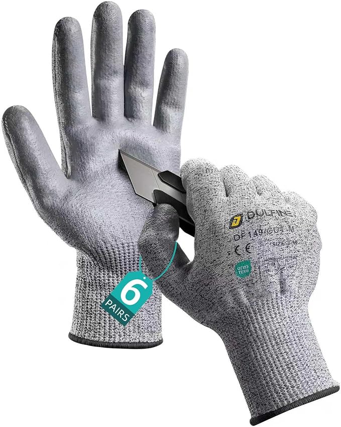 DULFINE ANSI A3 Cut Resistant Work Gloves for Men, 6 Pairs Pack PU Coated,Ideal for Wood working, Glass Cutting, Construction, Cargo Handling, Car Repair(Extra Large)