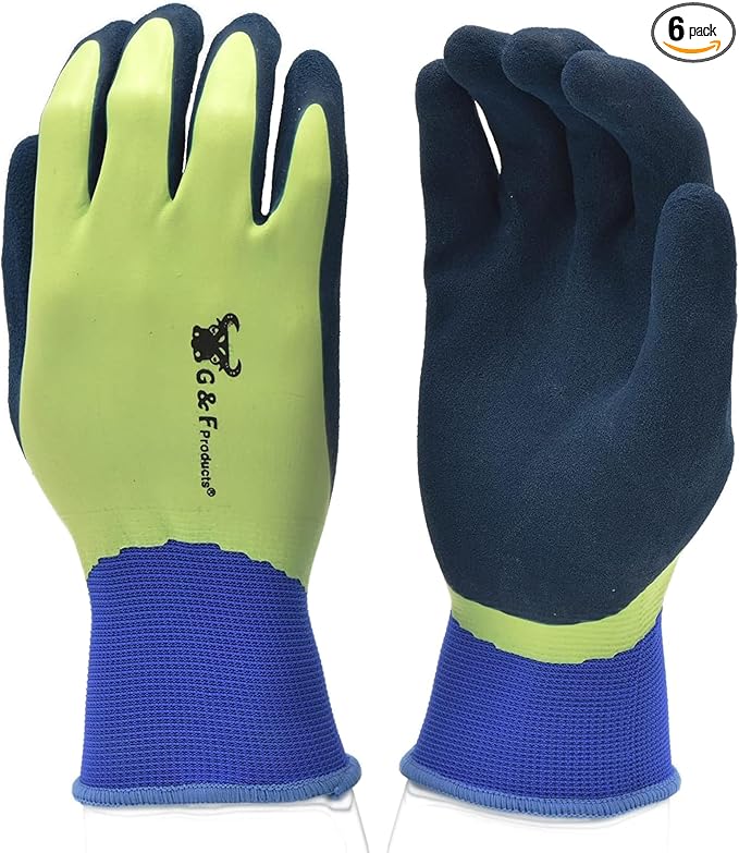 G & F 1536XL-6 6 PAIR PACK Aqua Gardening Men's Gloves with Double Microfoam Latex Water Resistant Palm， Men's X-Large Size