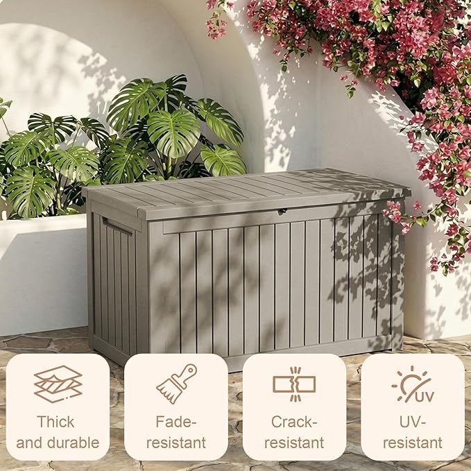 280 Gallon Outdoor Storage Deck Box Waterproof Resin Lockable Outside Bench Porch Patio Furniture Pool Float Garden Tool Cushion UV Resistant Bin Beige