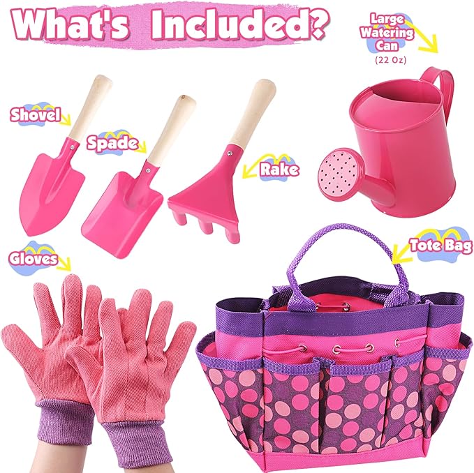 Kids Gardening Tools Set, Toddler Play Kit Child Outdoor Toy with Gloves, Watering Can, Metal Shovel, Rake, Spade & Storage Bag, Backyard Sand Digging Holiday Birthday Gift for Boy Girl 3 4 5 (Pink)