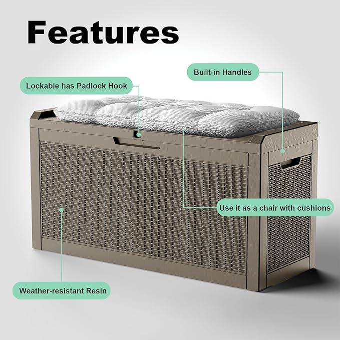 Vixzen 60 Gallon Outdoor Deck Box,Lockable Resin Waterproof Storage Box,UV Resistant,Weather Resistance,Outside Storage Bin for Gardening Tools,Pool Supplies（Gray，60 Gallon）