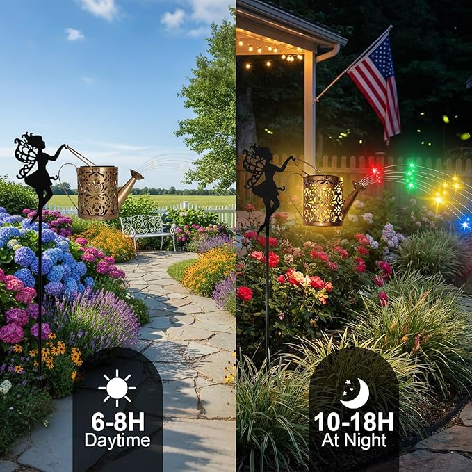 Solar Watering Can with Cascading Lights Outdoor Garden Decor,Waterproof Solar Lantern with Fairy Shepherd Hook,Solar Fairy Lights Outdoor Decoration,Unique Garden Gifts for Women, Flow RGB