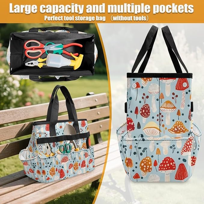 Mushroom Garden Tool Bag Portable Gardening Tool Organizer Bag with 10 Pockets and Handle Tool Carrier and Storage for Garden Lawn Yard Casual Camp
