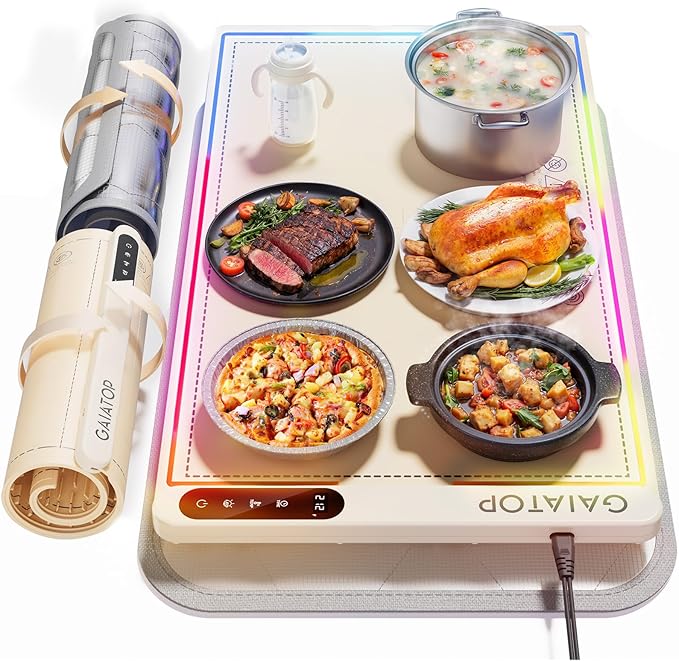 Gaiatop Warming Mat for Food with Trivet & Light, Food Warming Mats for Countertop, 6 Temp Level, 6 Timer Settings, Full-Surface Fast Heating, Portable Silicone Food Warmer for Parties Buffet