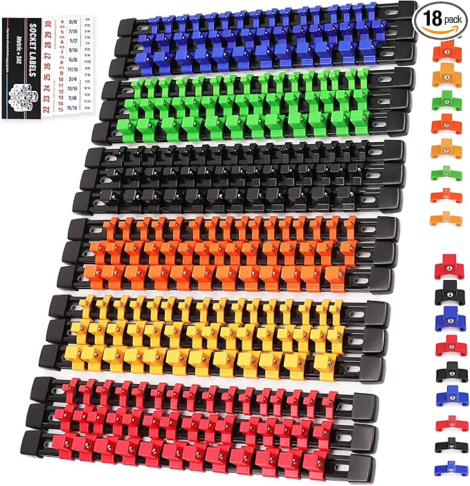 SWANLAKE Socket Organizer Set 18-Piece, 1/4-Inch x 96 Clips, 3/8-Inch x 90 Clips, 1/2-Inch x 72 Clips, Socket Organizer for Tool Box Drawer, Drive Socket Trays, Socket Holder Clip Rail