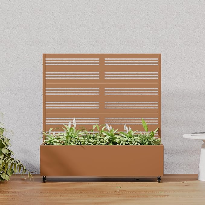 Casaphoria Metal Raised Garden Bed with Trellis and Wheels, 47"x47"x16" Planter Box for Climbing Plants, Vegetables & Vines, Features Drainage Holes and Privacy Screen, Brown-Harold