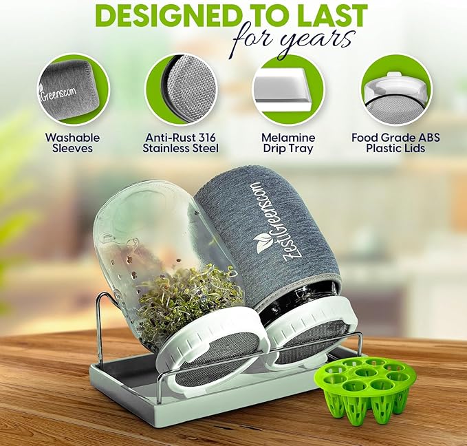 Premium Seed Sprouting Kit & Green Onion Regrower – 2 Wide-Mouth Mason Jars with Sprout Lids, Stainless Stand, Drain Tray, Blackout Sleeves & Cleaning Brush for Broccoli, Alfalfa & Mung Beans