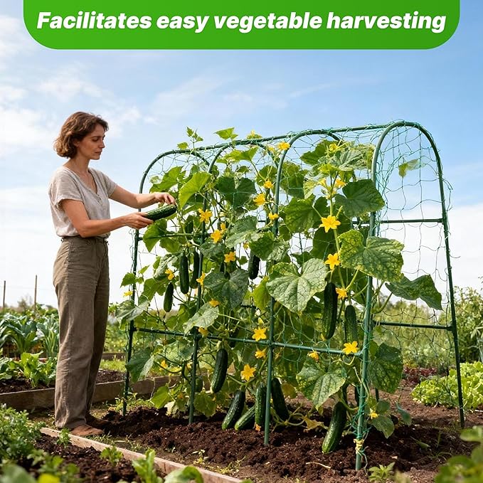 Cucumber Trellis, Garden Trellis U-Shape Plant Support for Climbing Plants Metel Arch with Netting for Raised Garden Bed Outdoor Cucumbers, Tomatoes, Vine Climbing Plant(47.2''X32''x47.2''(LxWxH))