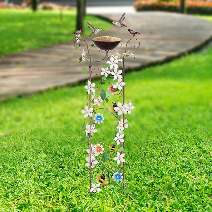 Bird Bath for Outside - Antique Iron Bird Bath with Trellis,Detachable Decorative Hummingbird Bowl,Metal Plant Support for Climbing Flowers,Elegant Outdoor Garden Feature (Honeybee)