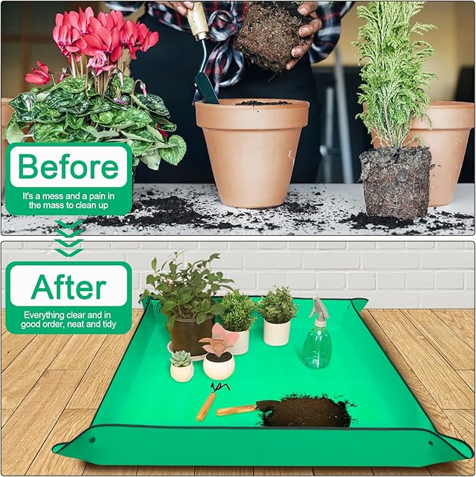 Emycool 39.5" x 39.5" Extra Large Repotting Mat for Indoor Plants Transplanting and Mess Control, Waterproof Potting Soil Mat Portable Potting Tray Gardening Gift for Women, Green