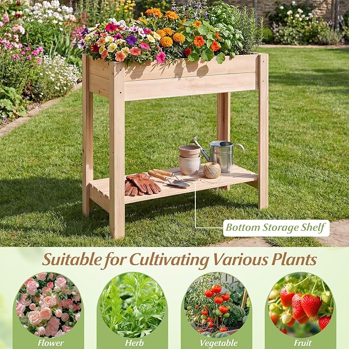 Giantex Wood Raised Garden Bed w/Lower Shelf, Planter Box with Legs for Flower Herb Vegetable Fruit, Indoor Outdoor Elevated Raised Beds for Gardening, Backyard, Patio, Balcony